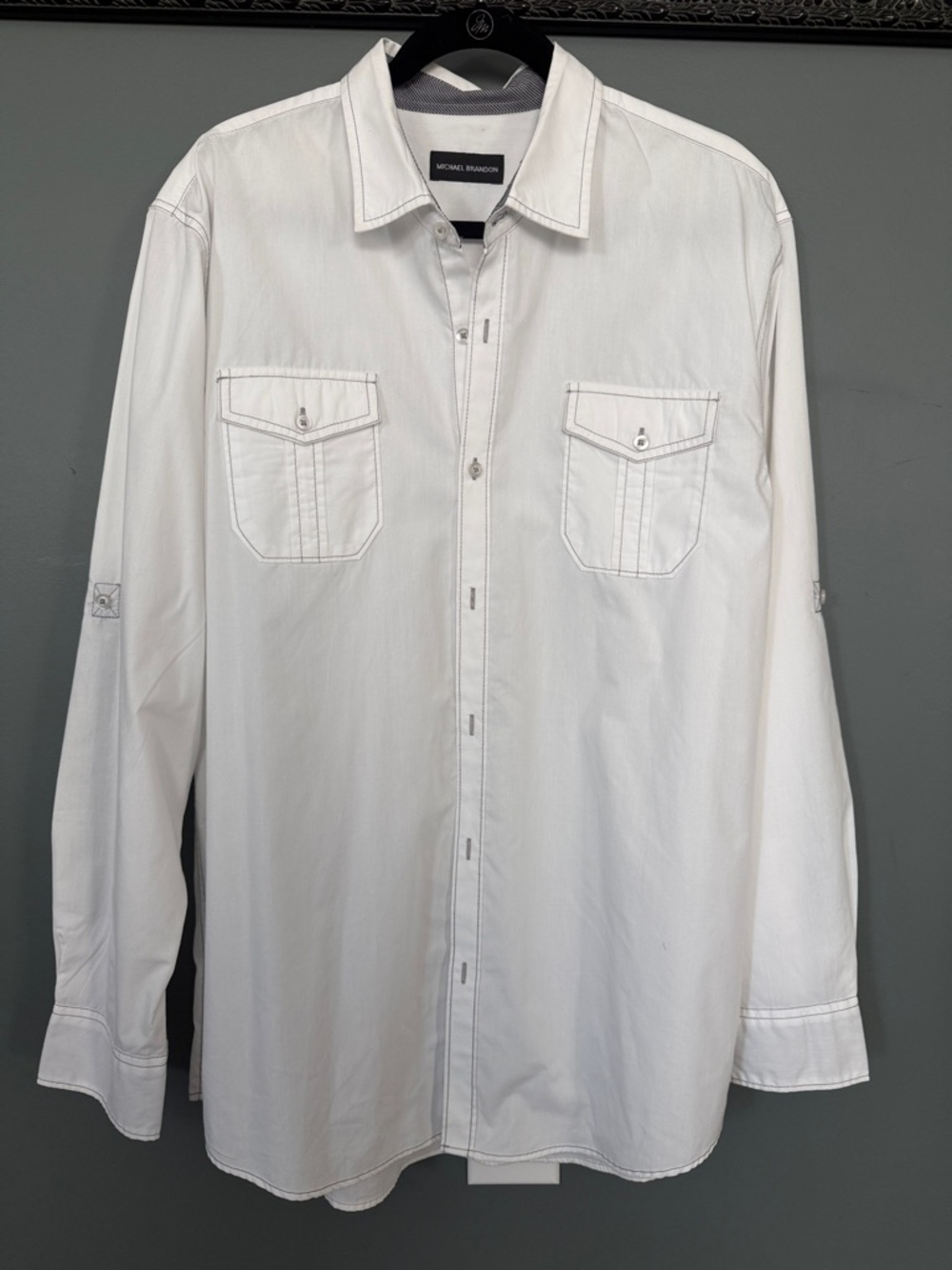 Michael Brandon White Long-Sleeve Button-Down Shirt with Dual Chest Pockets